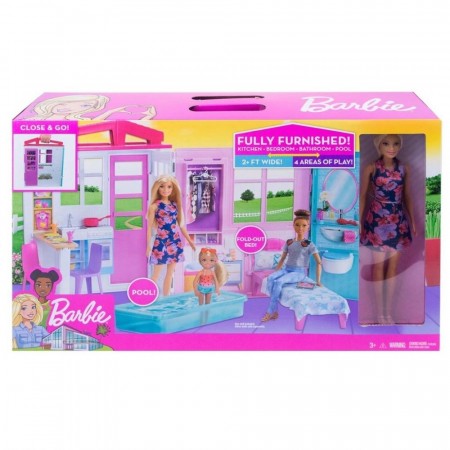 Barbie Dukkehus med Barbiedukke, møbler og tilbehør