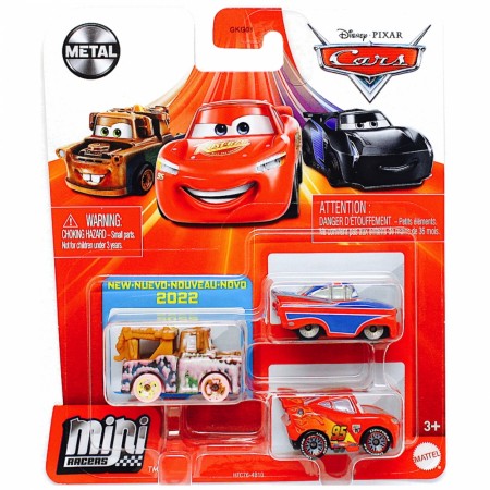 Disney Cars Mini Racers die cast 3 pk - minibiler i metall - Soapy Bill, Lynet McQueen m/racinghjul og Union Jack Ramone