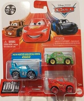 Disney Cars Mini Racers die cast 3 pk - minibiler i metall - Damaged King, Lynet McQueen og Chick Hicks
